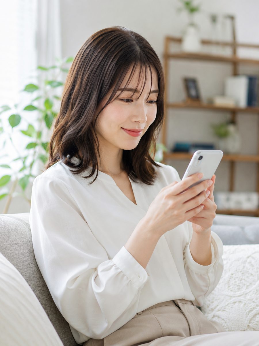 スマートフォンで光回線の相談をする女性